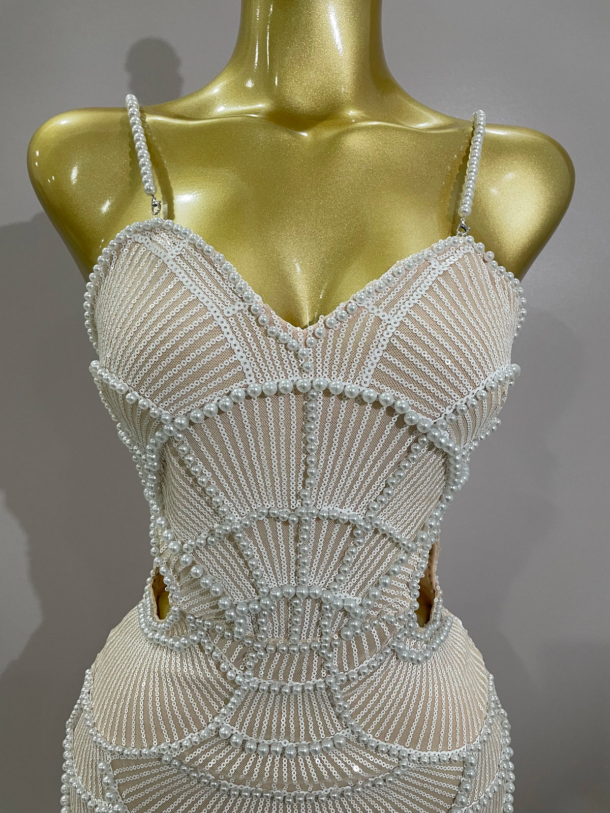 Pearl Beaded Sequin Bodycon Dress | Spaghetti Strap | Stage