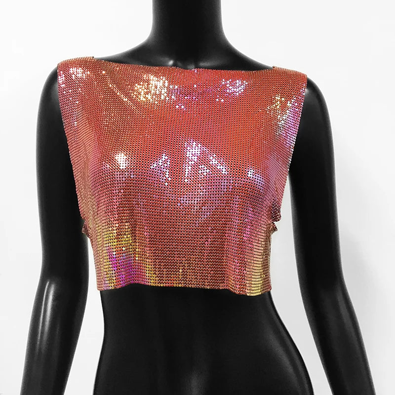 Handmade Metal Sequin Backless Crop Top