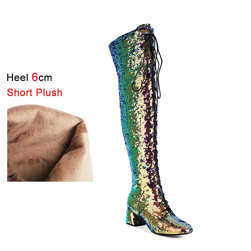 Glitter Sequin Over-the-Knee Boots | Lace-Up | 6cm Block Heel