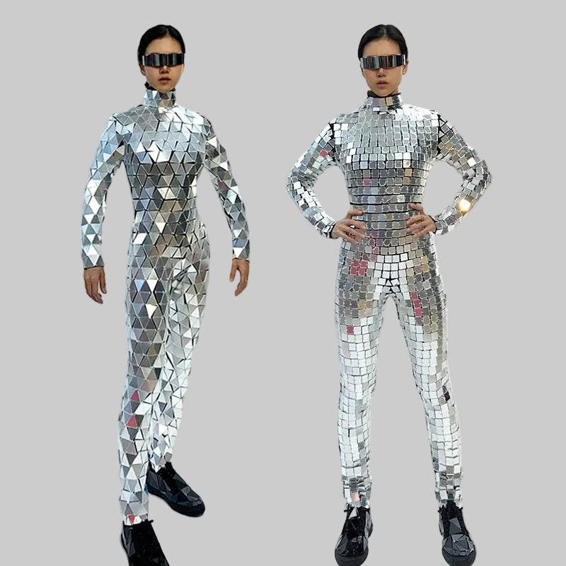 Silver Mirror Stage Costume - Futuristic Long Sleeve Bodysuit for Gogo Dancers & Showgirls