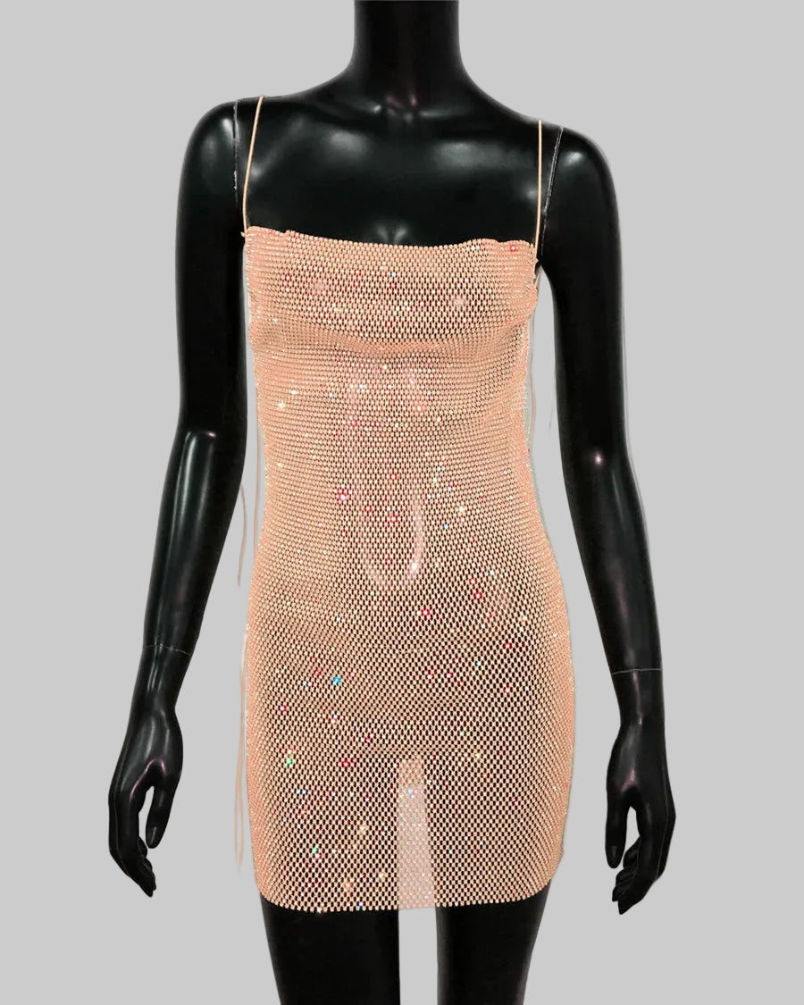 Rhinestone Mesh Bodycon Dress - Sheer Fishnet Mini Dress