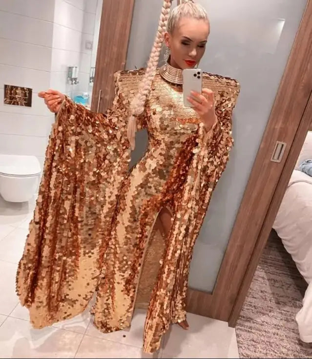 Gold Sequin Puff Sleeve Gown | Stage & Drag