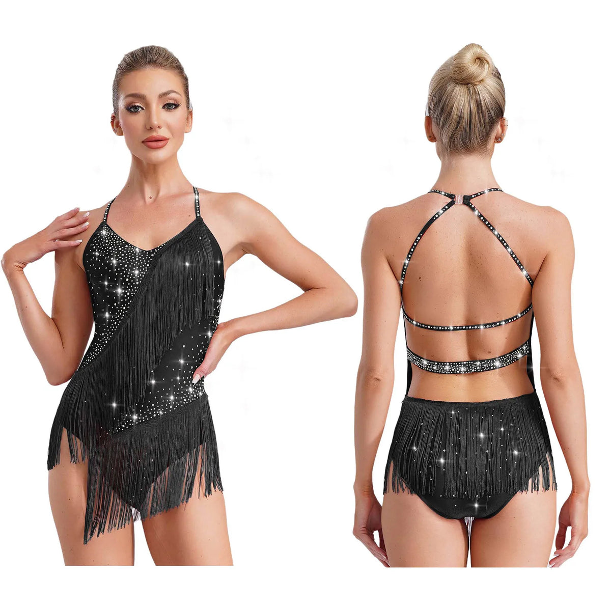 Rhinestone Tassel Latin Leotard | Halter Neck | Backless | Fringe Skirt