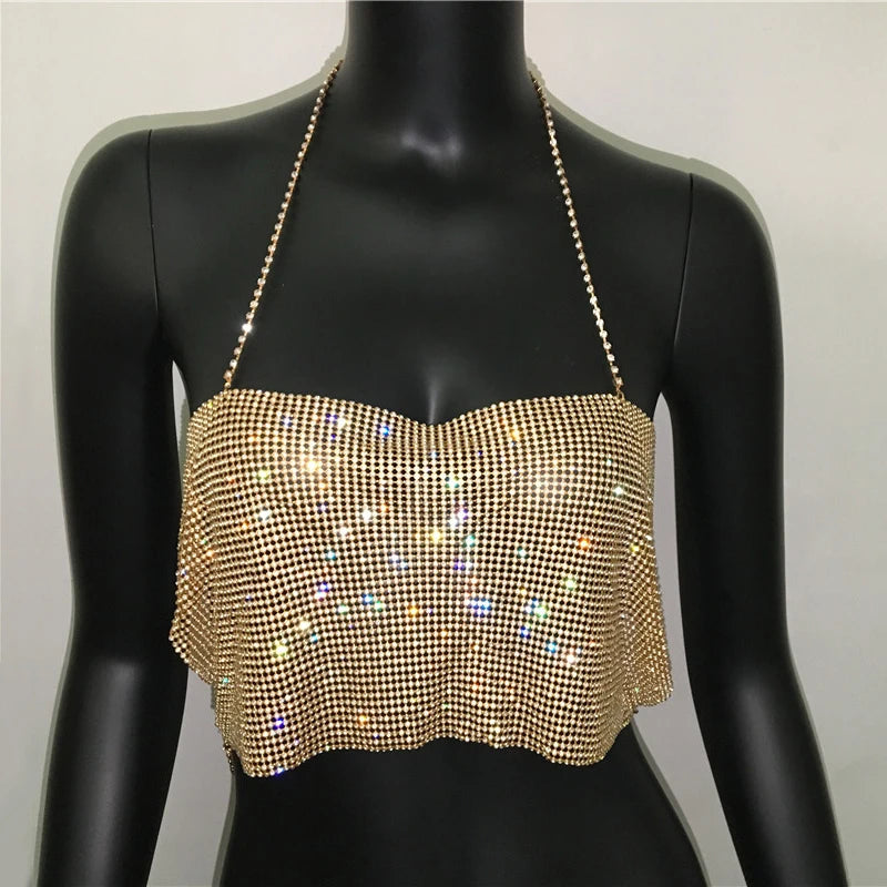 Bling Rhinestone Sequin Halter Crop Top - Backless Metal Tank