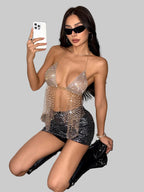Rhinestone Mesh Tassel Halter Crop Top - Deep V Fishnet Camisole