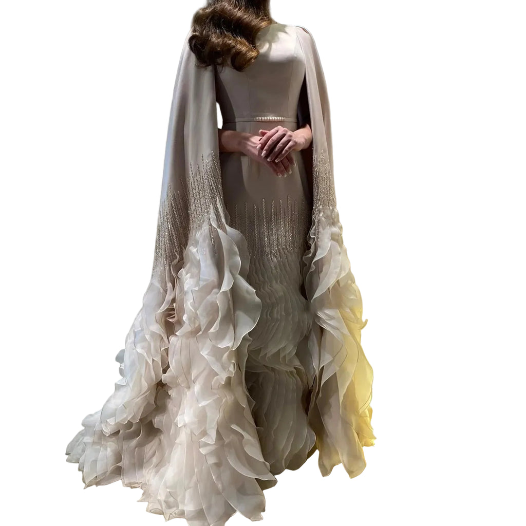 Ruffle Cape Mermaid Gown | Scoop Neck | Nude, White, Burgundy