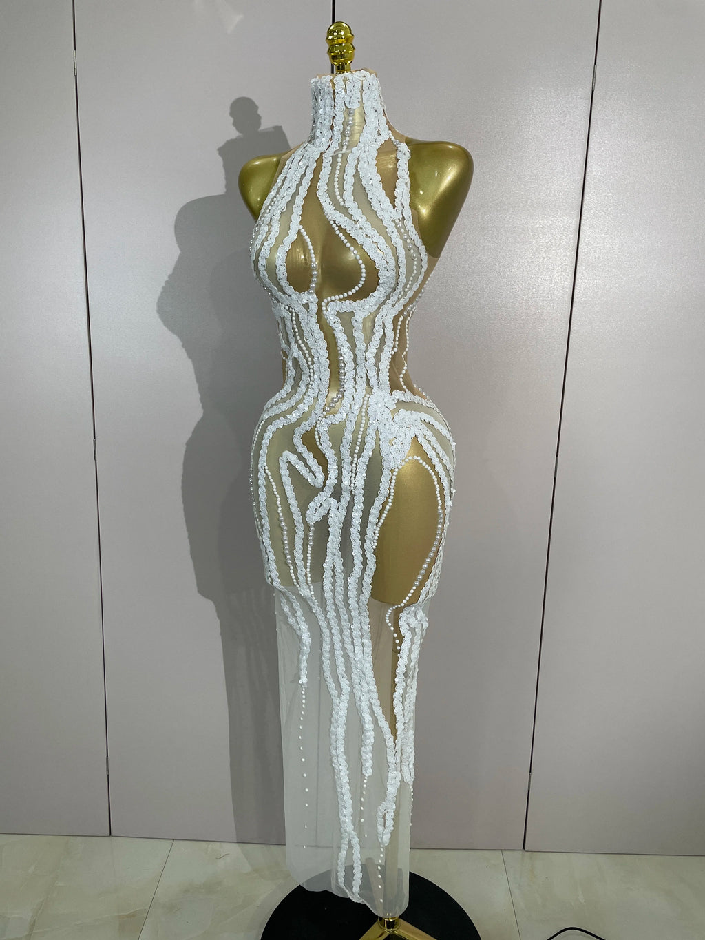 Pearl Strand Mesh Gown | See-Through | High Neck | White