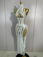 Pearl Strand Mesh Gown | See-Through | High Neck | White
