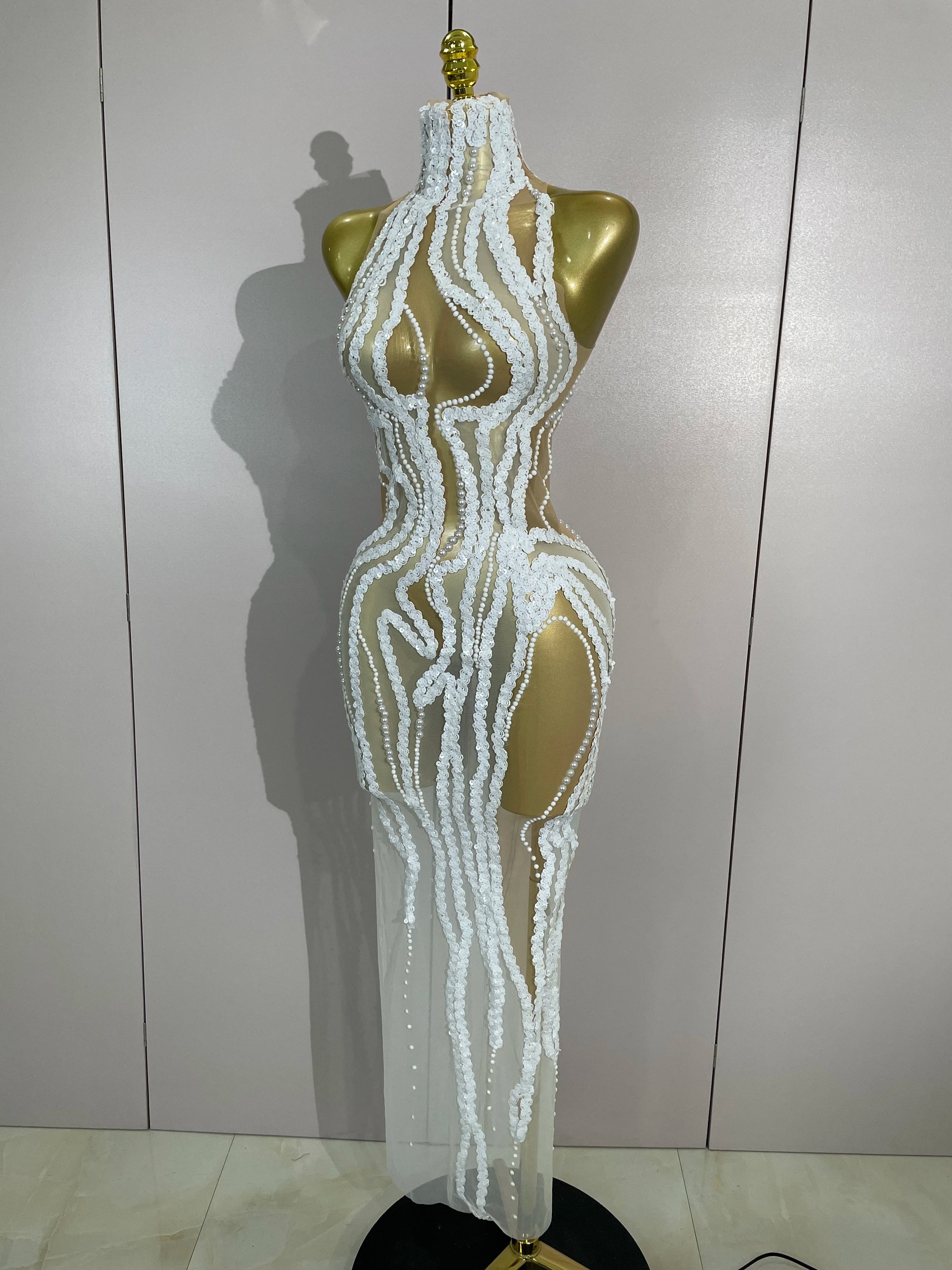 Pearl Strand Mesh Gown | See-Through | High Neck | White