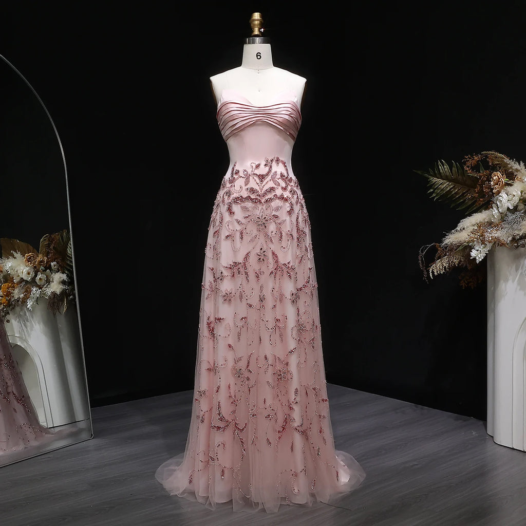 Beaded Sequin A-Line Gown | V-Neck Pleated Tulle | Blush Pink