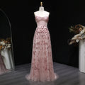 Beaded Sequin A-Line Gown | V-Neck Pleated Tulle | Blush Pink