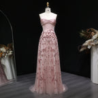 Beaded Sequin A-Line Gown | V-Neck Pleated Tulle | Blush Pink