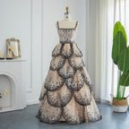 Tiered Ruffle Ball Gown | Sequin Lace Trim | Black Champagne
