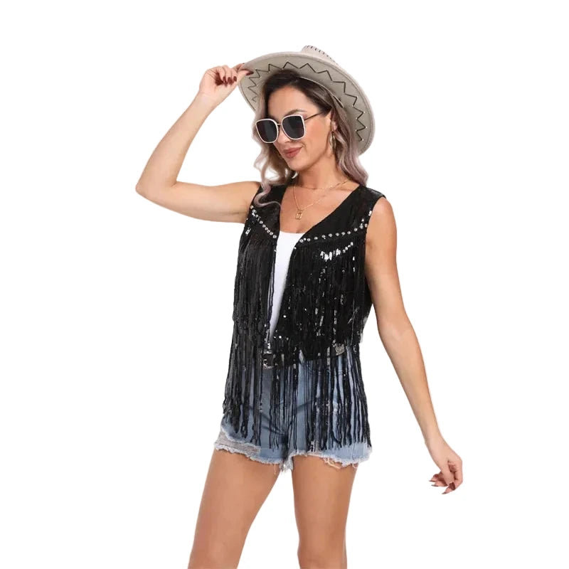 Sequin Fringe Open-Front Vest | Festival & Western | Gold, Silver & Black | S–L