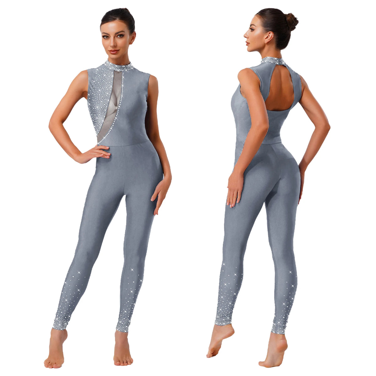 Sleeveless Rhinestone Unitard | Mesh Keyhole Back