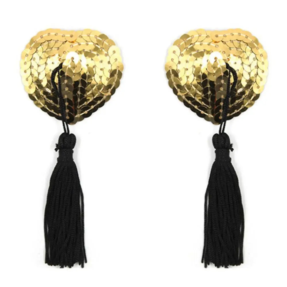 Sequin Heart Tassel Nipple Covers - Reusable Self-Adhesive Pasties for Performers