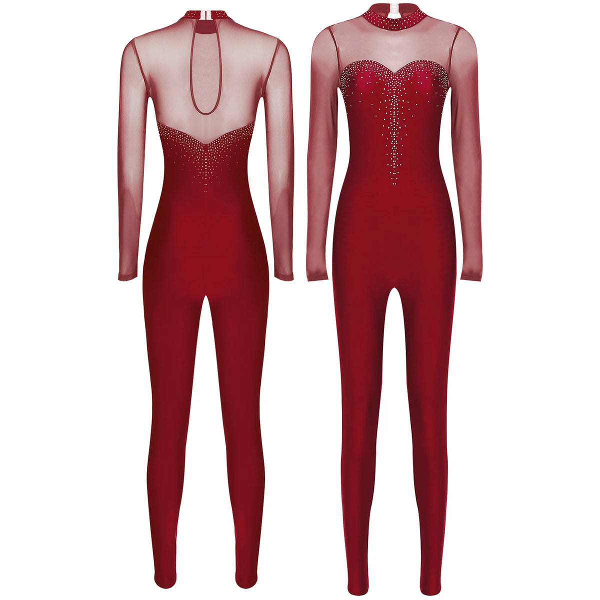 Rhinestone Bell Bottom Jumpsuit | Mesh Overlay | Long Sleeve