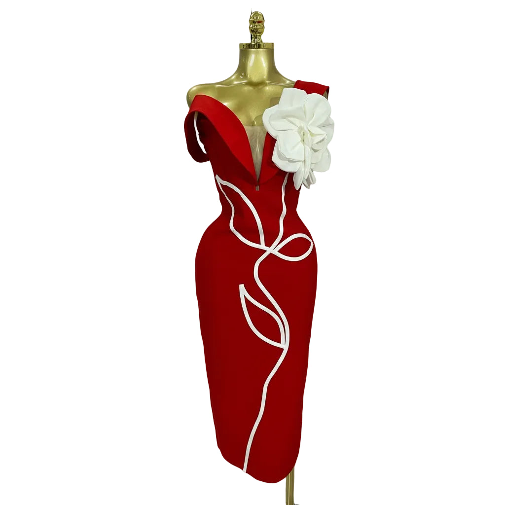 Off-Shoulder Bandage Midi Dress | 3D Rose Appliqué | Red & Black