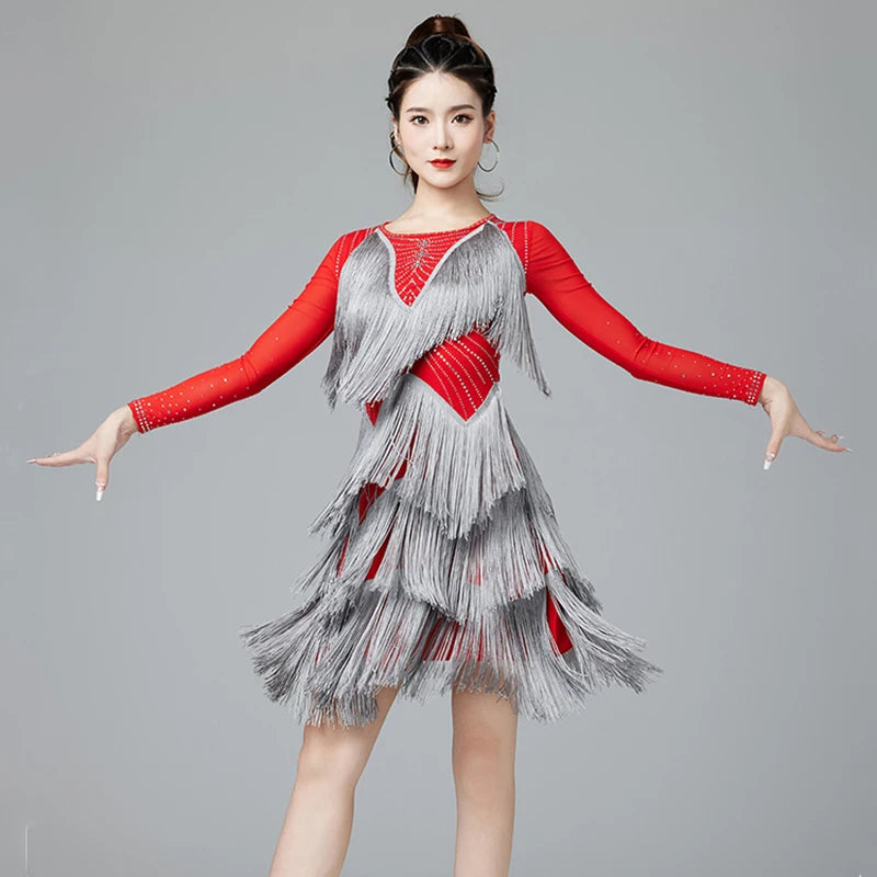 Latin Dance Dress | Long Sleeve Fringe | Rhinestone | with Panties