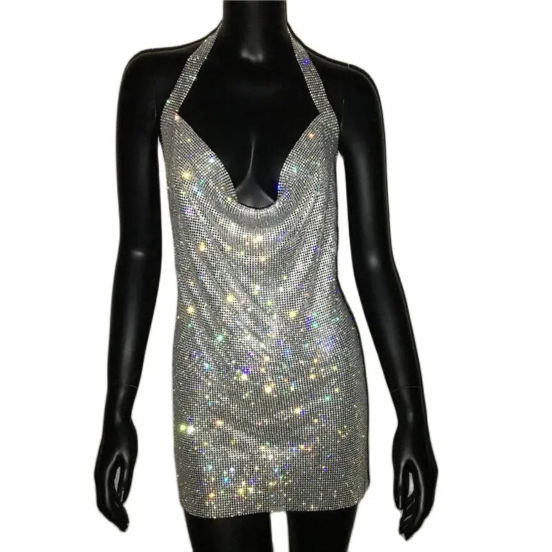 Crystal Rhinestone Halter Mini Dress - Backless Metal Mesh Cocktail Dress