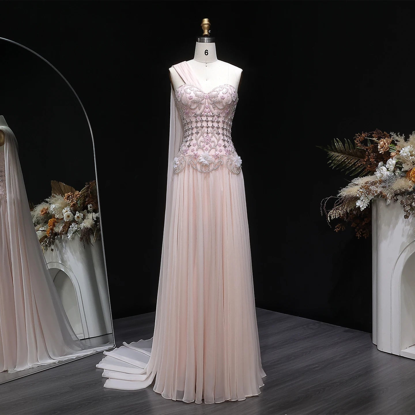 3D Floral One-Shoulder A-Line Pageant Gown | Crystal Beaded | White & Blush Pink