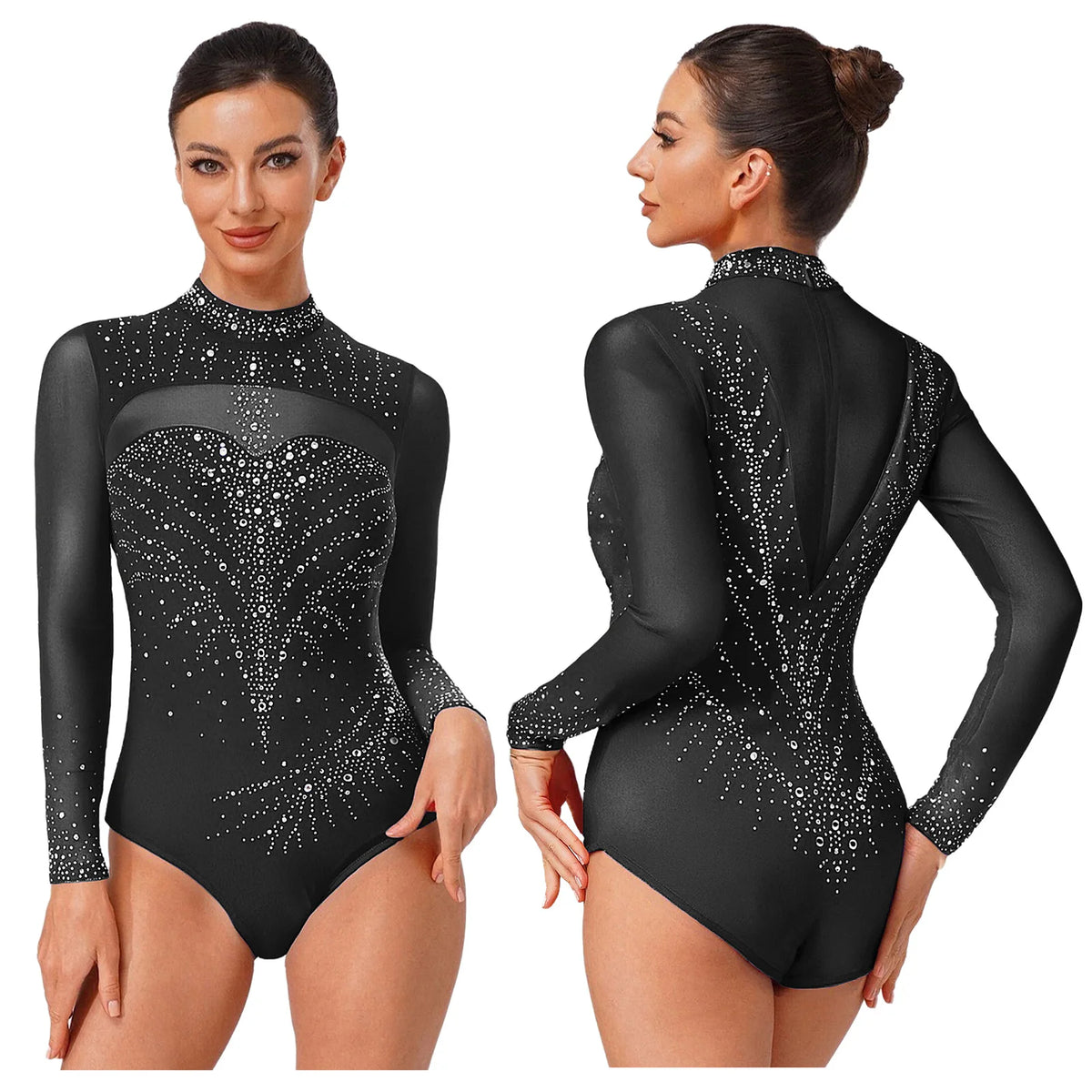 Rhinestone Leotard | Mock Turtleneck & Long Sleeve | Sheer Back