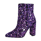 Sequined Pointed Toe Ankle Boots | Bling Chunky Heel | Extended Sizes EU 35–46
