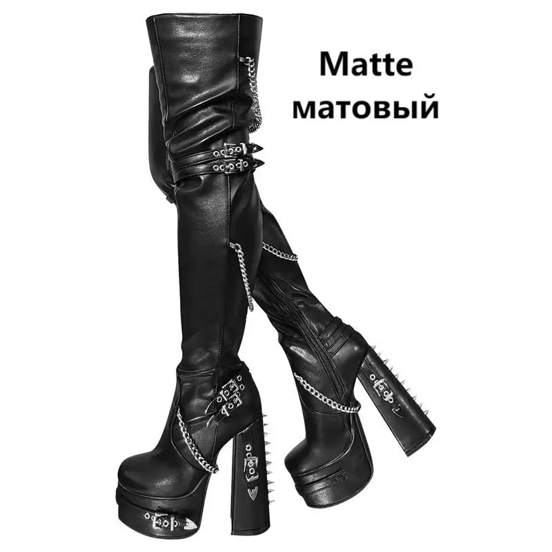 Black Metal-Detail Thigh-High Boots | 15–16 cm Heel