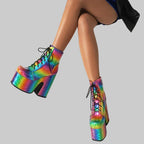 Rainbow Platform Boots - Colorful Gradient Lace-Up Ankle Boots