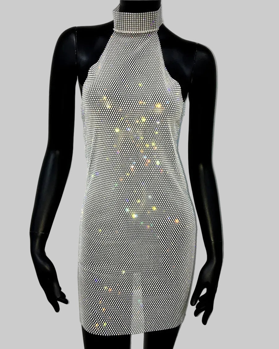 Rhinestone Halter Mini Dress - Backless Sheer Performance Dress