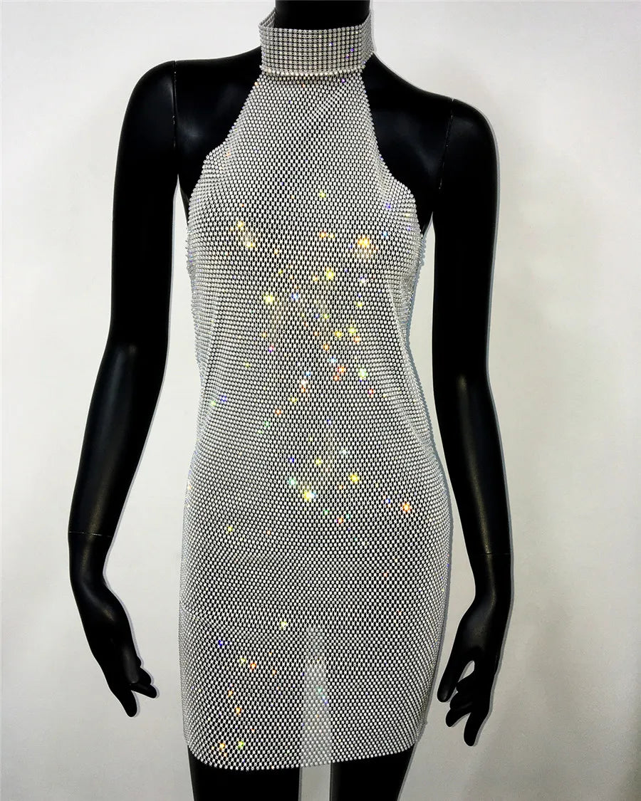 Rhinestone Halter Mini Dress - Backless Sheer with Turtleneck