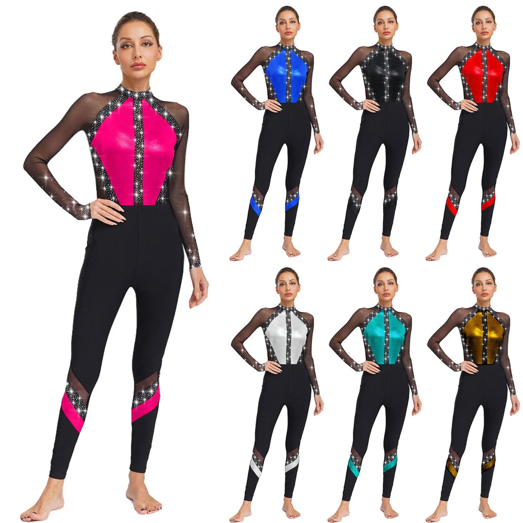 Women's Rhinestone Color-Block Dance Jumpsuit | Sheer Mesh Long Sleeve & Ankle Length | Gymnastics & Performance