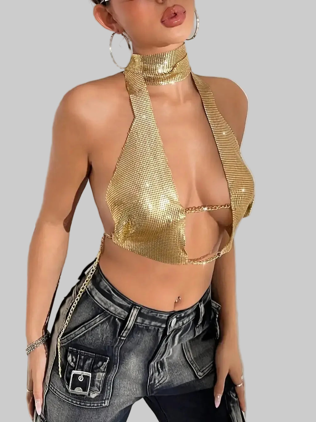Metal Sequin Scarf Crop Top - Deep V-Neck Backless Camisole