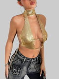 Metal Sequin Scarf Crop Top - Deep V-Neck Backless Camisole
