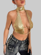 Metal Sequin Scarf Crop Top - Deep V-Neck Backless Camisole