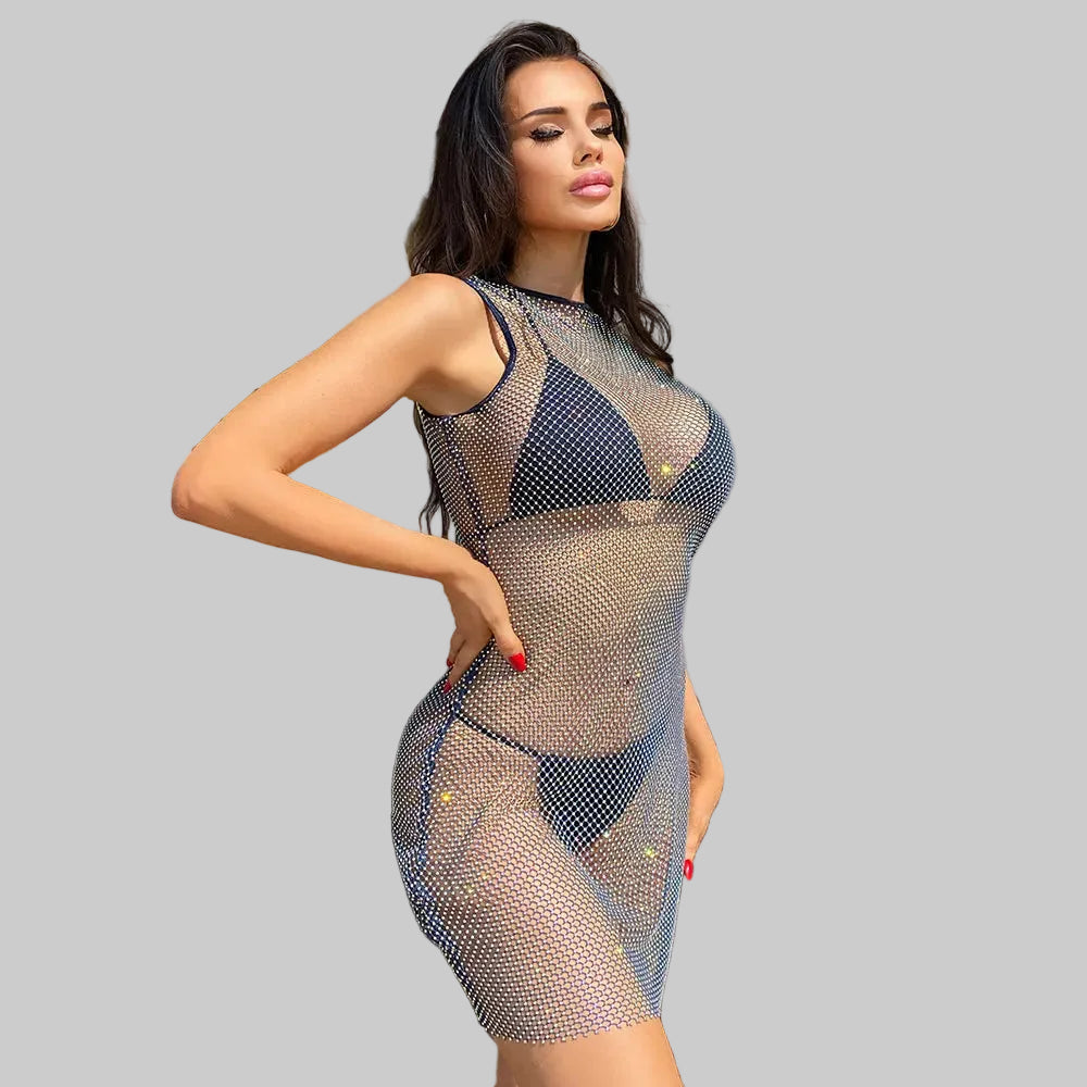 Rhinestone Mesh Bodycon Dress - Sheer Fishnet Mini Dress