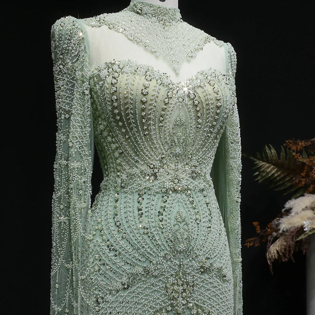 Beaded Crystal Gown | High Neck Cape Sleeve | Blue & Green