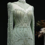 Beaded Crystal Gown | High Neck Cape Sleeve | Blue & Green