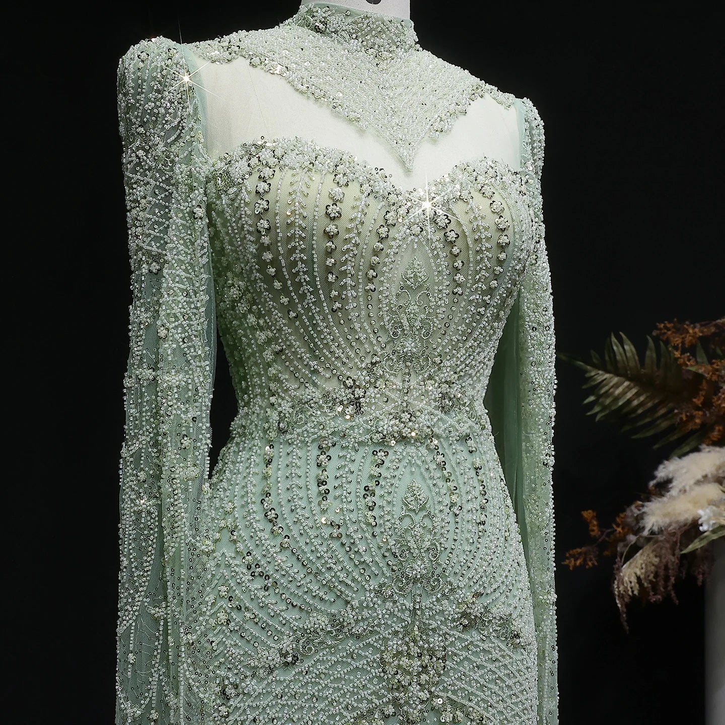 Beaded Crystal Gown | High Neck Cape Sleeve | Blue & Green