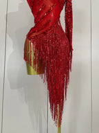 Rhinestone Tassel One-Shoulder Mini Dress | Sheer Mesh | Red, Black & Gold