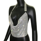 Rhinestone Sequin Deep V Halter Crop Top - Backless Diamond Tank