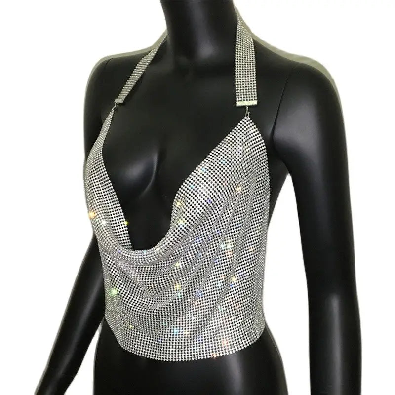 Rhinestone Sequin Deep V Halter Crop Top - Backless Diamond Tank