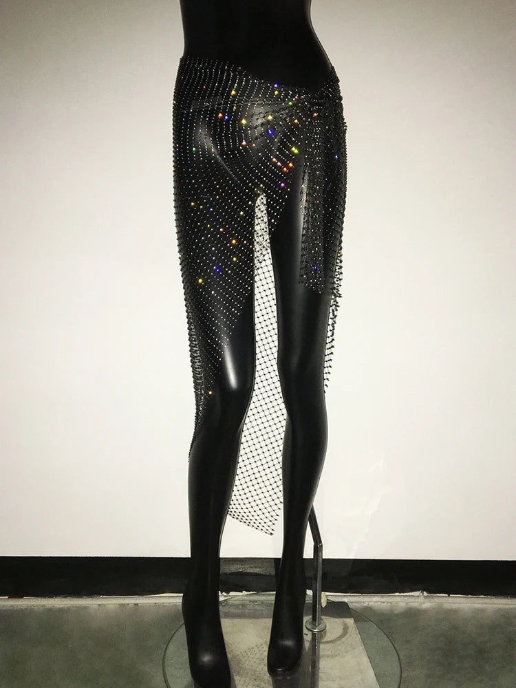 Rhinestone Mesh Bandage Mini Skirt