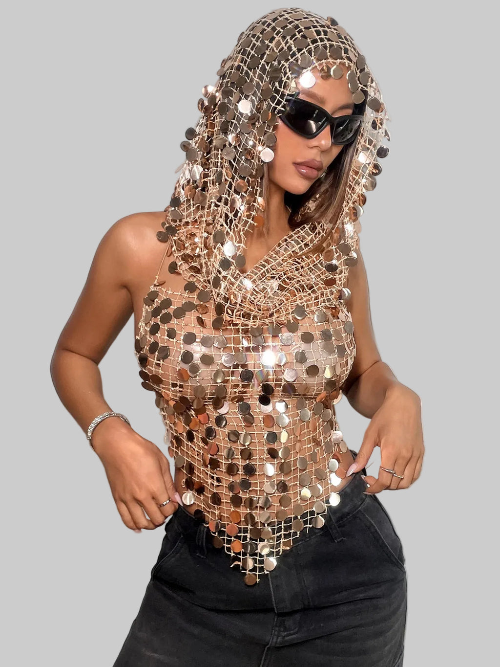 Sequin Tank Top with Hat Set - Festival Crop Top 2-Piece