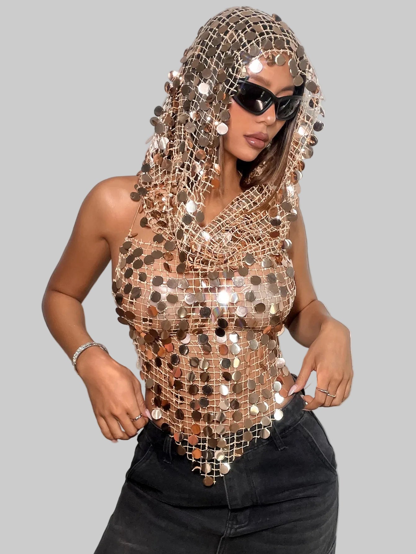 Sequin Tank Top with Hat Set - Festival Crop Top 2-Piece