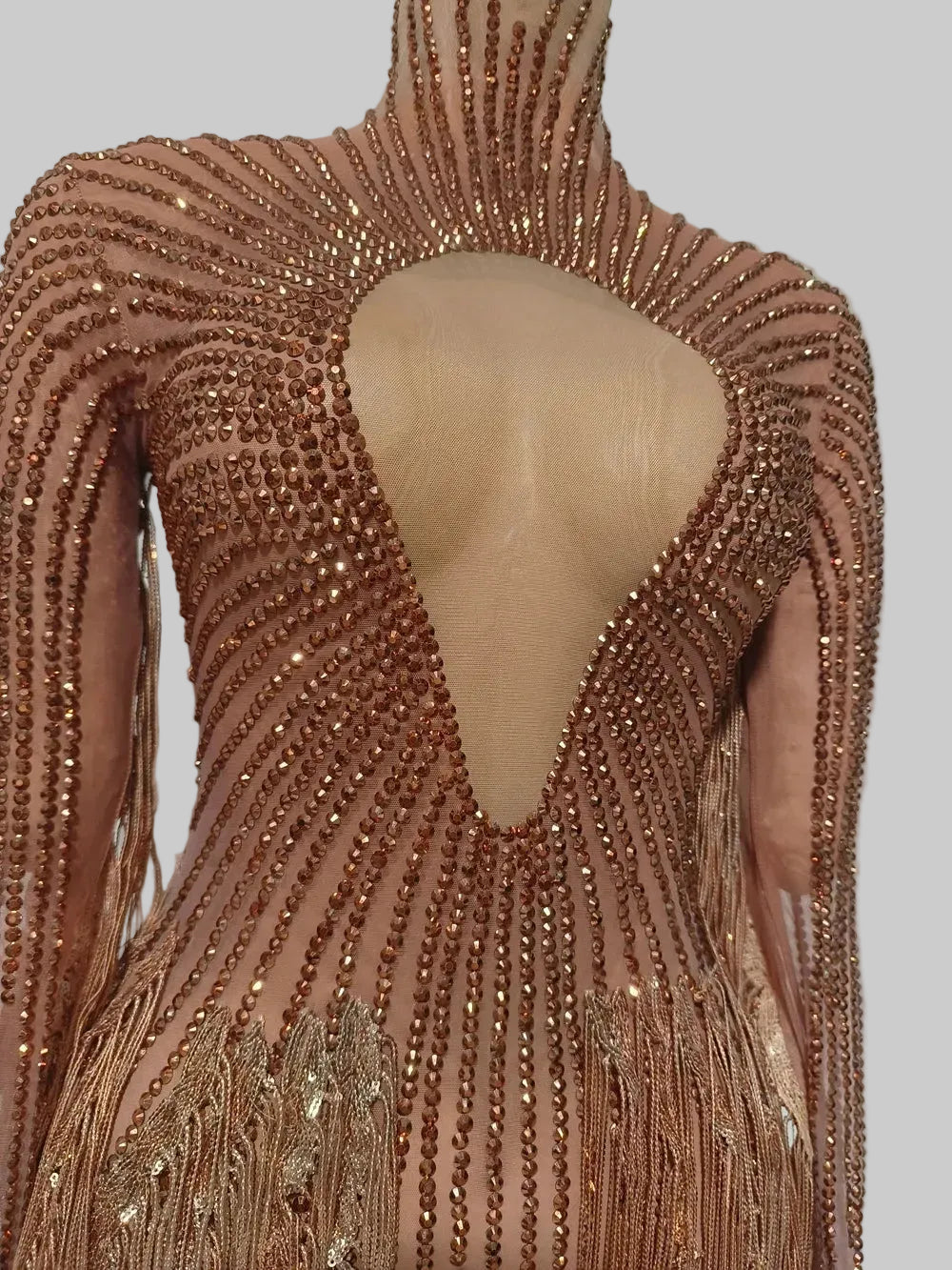Gold Rhinestone Tassel Dress - Sheer Mesh Performance Costume for Dancers & Celebrations