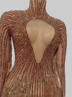 Gold Rhinestone Tassel Dress - Sheer Mesh Performance Costume for Dancers & Celebrations