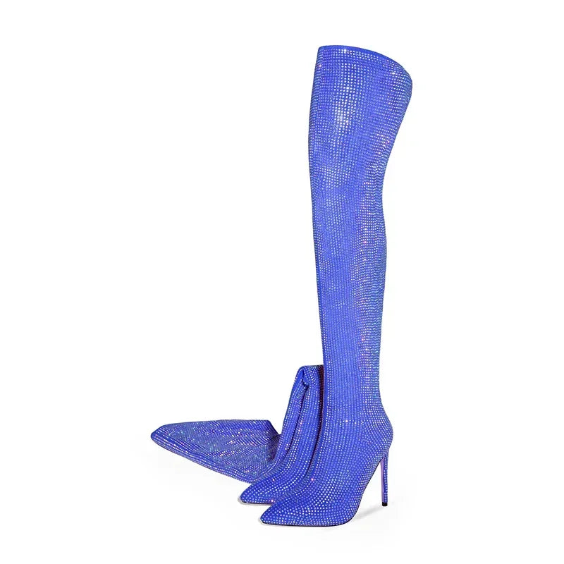Rhinestone Over-the-Knee Stiletto Boots | Pointed Toe 12cm | 5 Colors