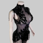 Sexy Mesh Sheer Black Rhinestone Bodysuit
