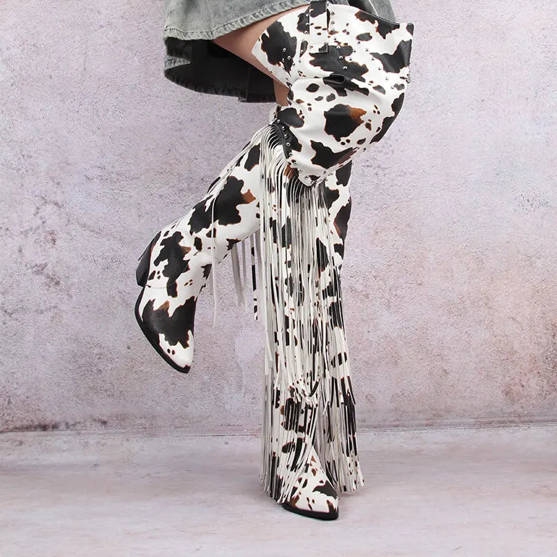 Thigh-High Fringe Boots | Chunky Heel | Pointed Toe
